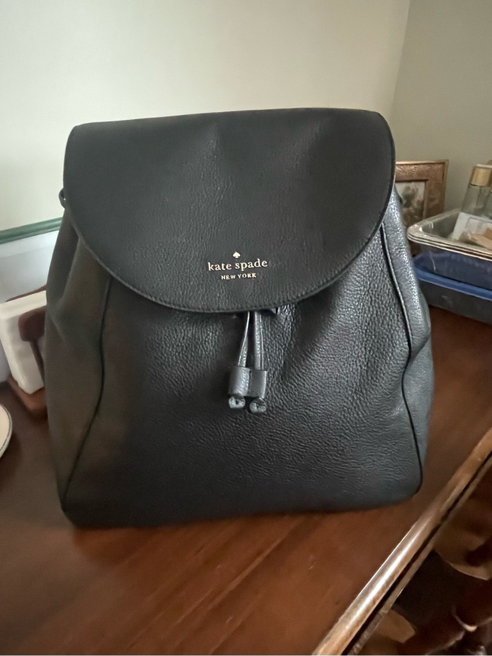 kate spade Black Pebbled Leather Drawstring Backpack